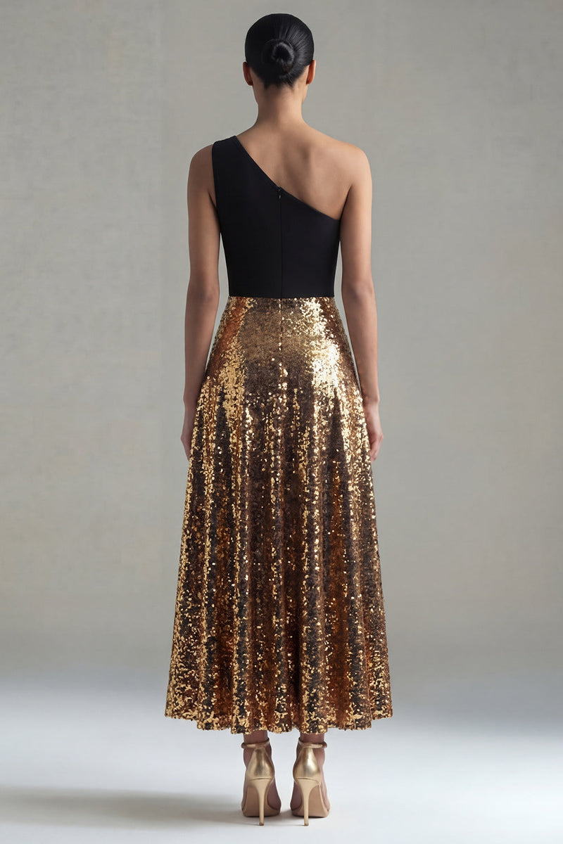 Laden Sie das Bild in den Galerie-Viewer, Glitzerndes einschulteriges A-Linien schwarzes und goldenes Paillettenlanges Festkleid