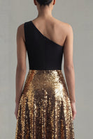 Laden Sie das Bild in den Galerie-Viewer, Glitzerndes einschulteriges A-Linien schwarzes und goldenes Paillettenlanges Festkleid