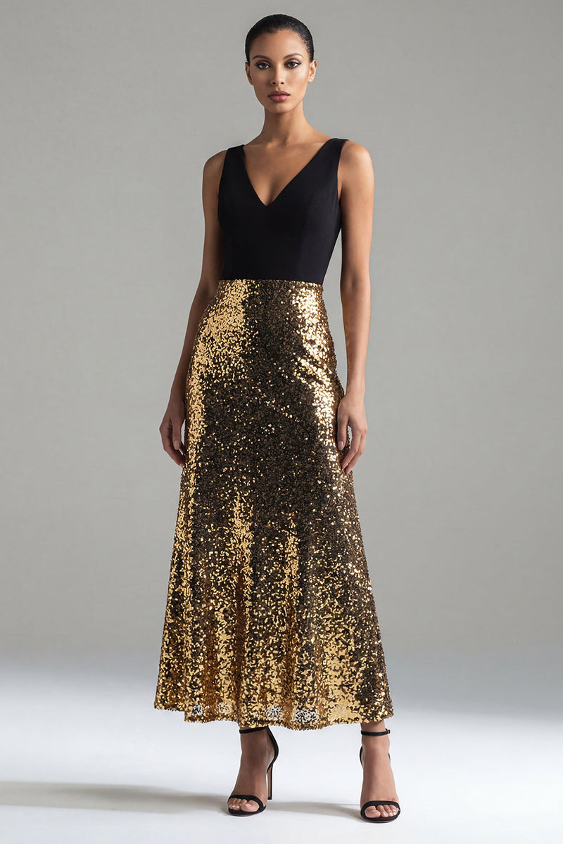 Laden Sie das Bild in den Galerie-Viewer, Glitzerndes schwarzes und goldenes Pailletten-A-Linien-langes Festkleid mit V-Ausschnitt