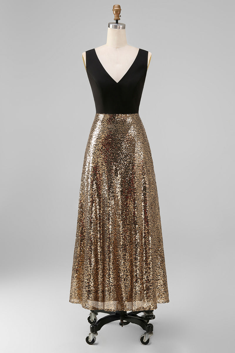 Laden Sie das Bild in den Galerie-Viewer, Glitzerndes schwarzes und goldenes Pailletten-A-Linien-langes Festkleid mit V-Ausschnitt