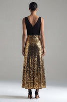 Laden Sie das Bild in den Galerie-Viewer, Glitzerndes schwarzes und goldenes Pailletten-A-Linien-langes Festkleid mit V-Ausschnitt