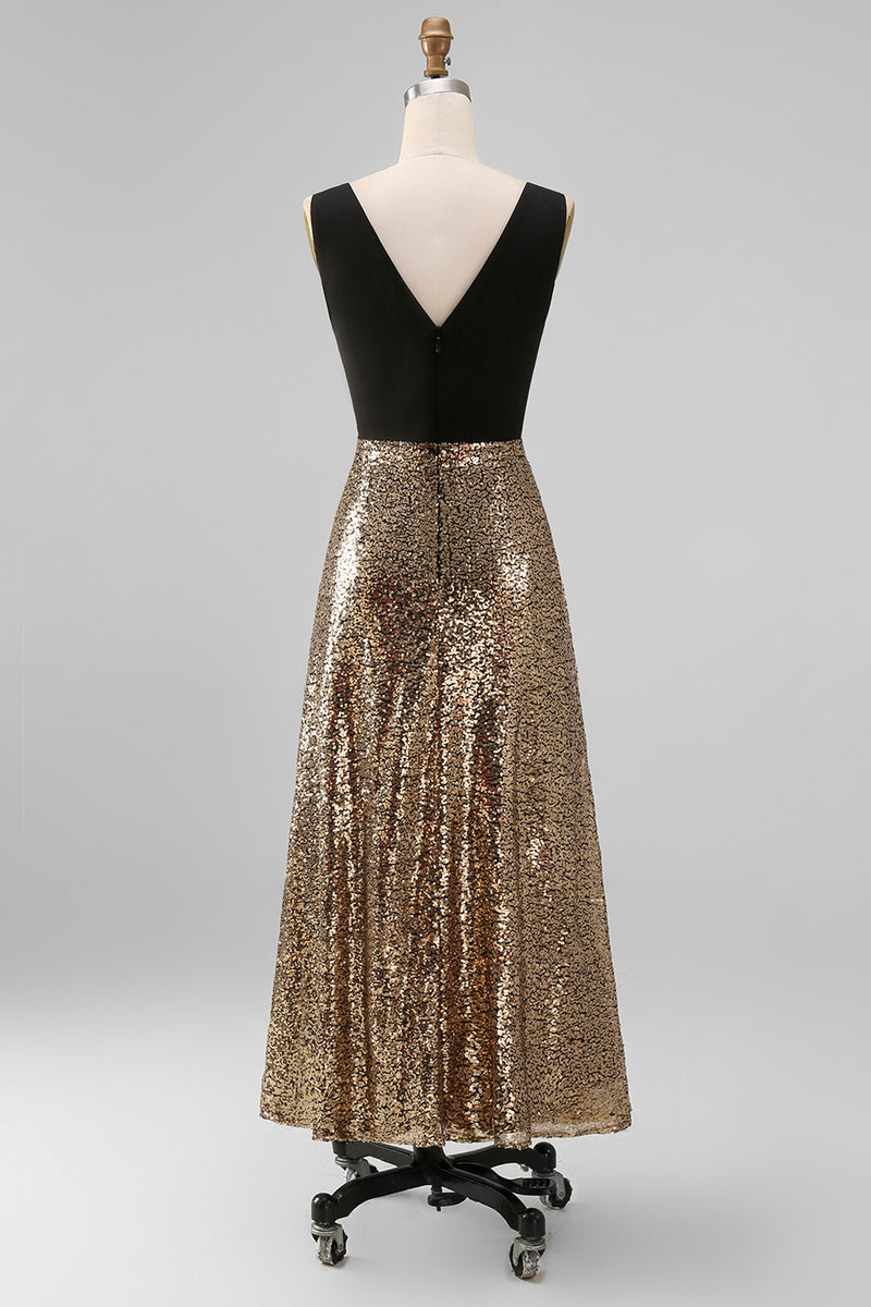 Laden Sie das Bild in den Galerie-Viewer, Glitzerndes schwarzes und goldenes Pailletten-A-Linien-langes Festkleid mit V-Ausschnitt