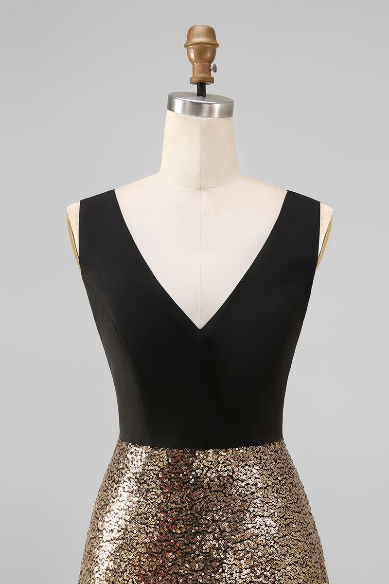 Laden Sie das Bild in den Galerie-Viewer, Glitzerndes schwarzes und goldenes Pailletten-A-Linien-langes Festkleid mit V-Ausschnitt