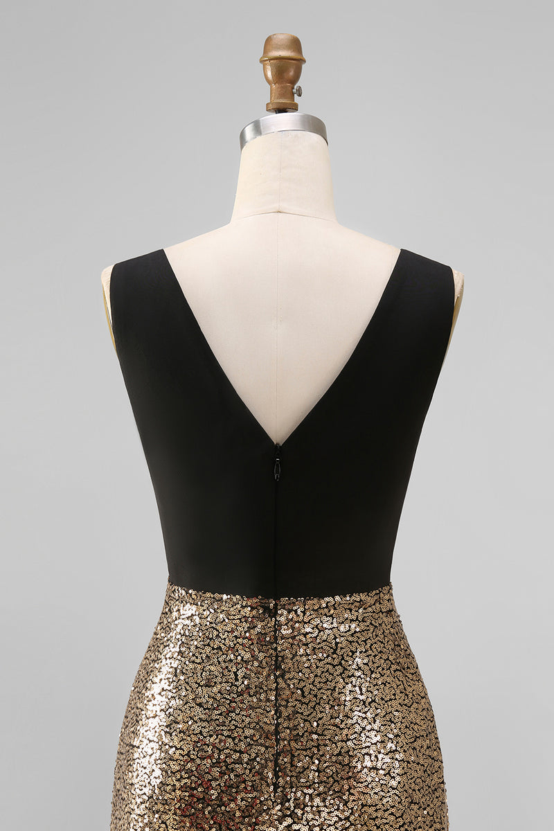Laden Sie das Bild in den Galerie-Viewer, Glitzerndes schwarzes und goldenes Pailletten-A-Linien-langes Festkleid mit V-Ausschnitt