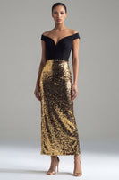 Laden Sie das Bild in den Galerie-Viewer, Glitzernde schwarze und goldene Pailletten, schulterlose Hülle, langes festliches Kleid mit Schlitz