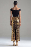 Laden Sie das Bild in den Galerie-Viewer, Glitzernde schwarze und goldene Pailletten, schulterlose Hülle, langes festliches Kleid mit Schlitz