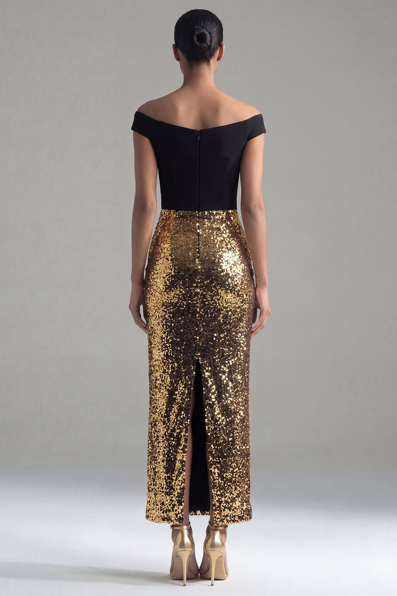 Laden Sie das Bild in den Galerie-Viewer, Glitzernde schwarze und goldene Pailletten, schulterlose Hülle, langes festliches Kleid mit Schlitz