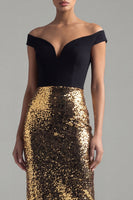 Laden Sie das Bild in den Galerie-Viewer, Glitzernde schwarze und goldene Pailletten, schulterlose Hülle, langes festliches Kleid mit Schlitz