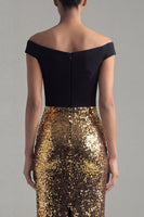 Laden Sie das Bild in den Galerie-Viewer, Glitzernde schwarze und goldene Pailletten, schulterlose Hülle, langes festliches Kleid mit Schlitz