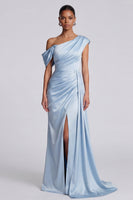 Laden Sie das Bild in den Galerie-Viewer, Himmelblaues gerafftes Meerjungfrauen-Festkleid mit Schlitz