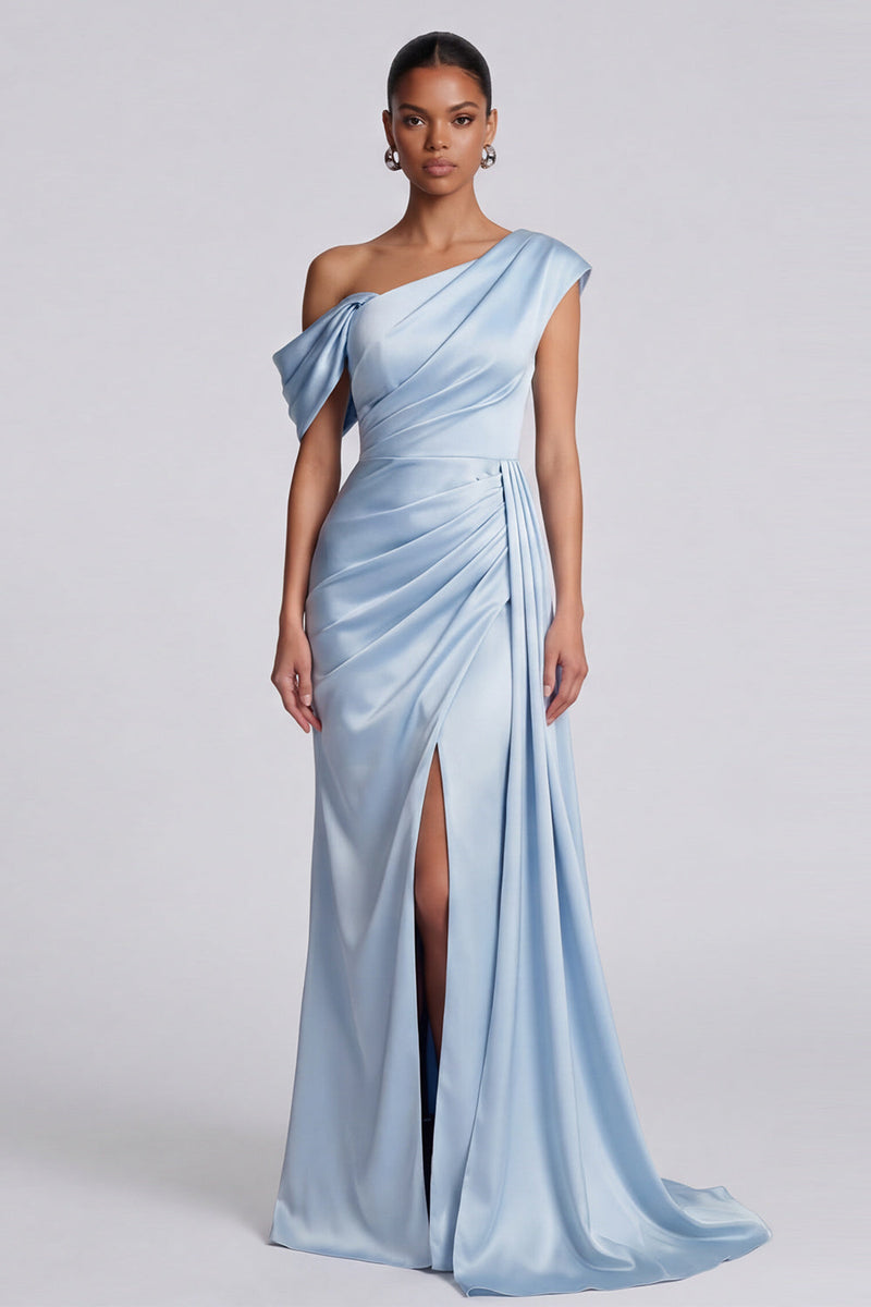 Laden Sie das Bild in den Galerie-Viewer, Himmelblaues gerafftes Meerjungfrauen-Festkleid mit Schlitz