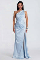 Laden Sie das Bild in den Galerie-Viewer, Himmelblaues, einschulteriges, gerafftes Meerjungfrauen-Festkleid