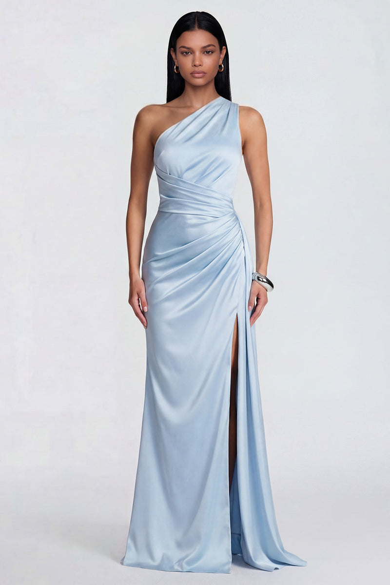 Laden Sie das Bild in den Galerie-Viewer, Himmelblaues, einschulteriges, gerafftes Meerjungfrauen-Festkleid