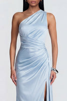 Laden Sie das Bild in den Galerie-Viewer, Himmelblaues, einschulteriges, gerafftes Meerjungfrauen-Festkleid