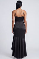 Laden Sie das Bild in den Galerie-Viewer, Schwarzes Meerjungfrauen-Spaghettiträger Satin-Rüschen-Festkleid