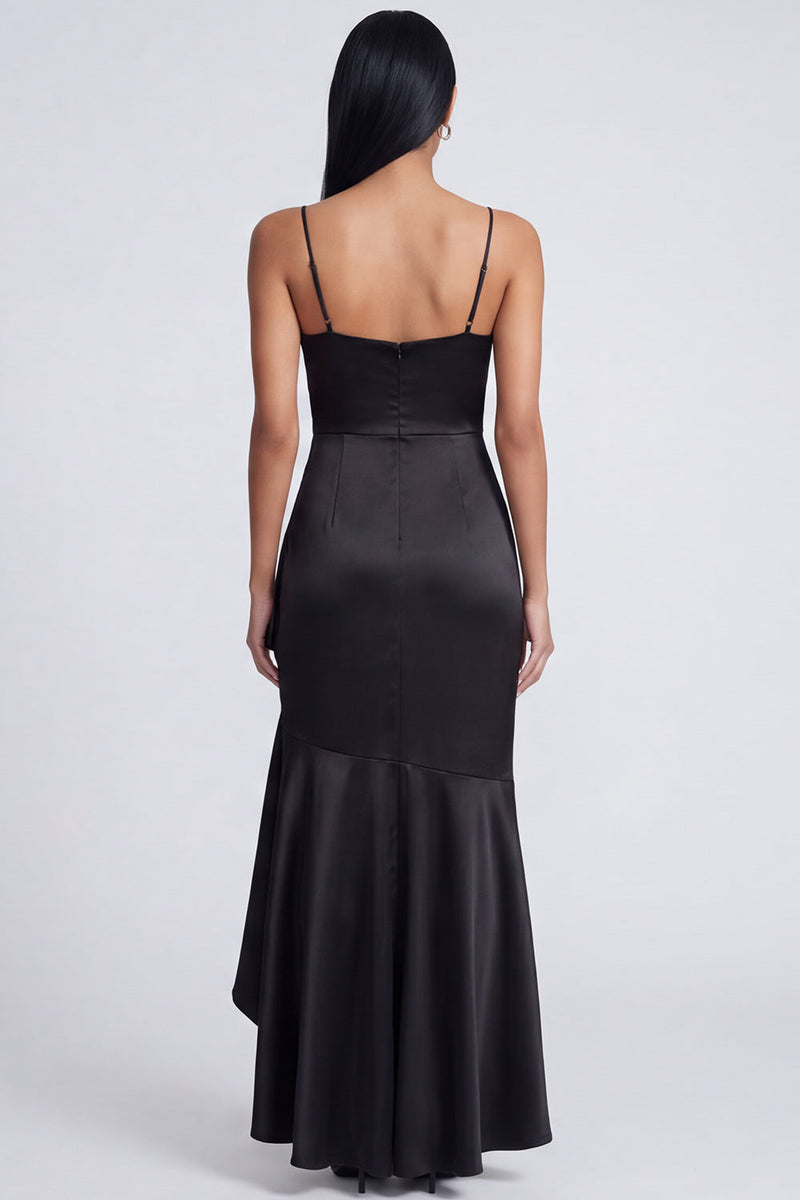 Laden Sie das Bild in den Galerie-Viewer, Schwarzes Meerjungfrauen-Spaghettiträger Satin-Rüschen-Festkleid
