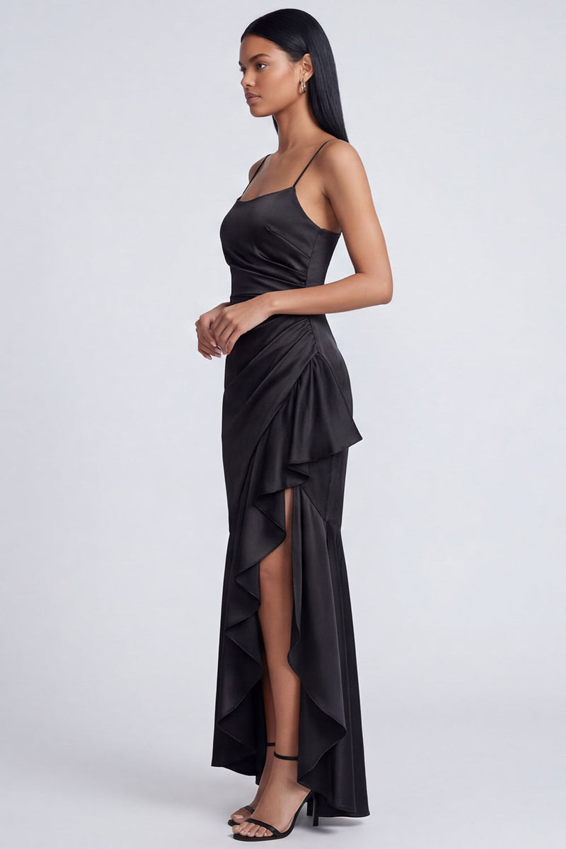Laden Sie das Bild in den Galerie-Viewer, Schwarzes Meerjungfrauen-Spaghettiträger Satin-Rüschen-Festkleid