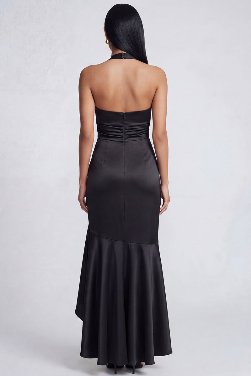 Laden Sie das Bild in den Galerie-Viewer, Neckholder, schwarzes Meerjungfrauen-Satin, lange formelle Kleidung mit Rüschen