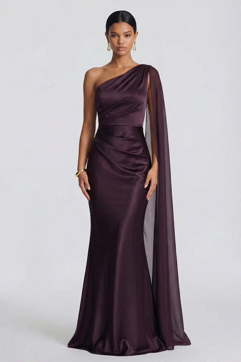 Laden Sie das Bild in den Galerie-Viewer, Einschulter-Cabernet-Meerjungfrauen-Festkleid ohne Schwarz mit Seitenspanen