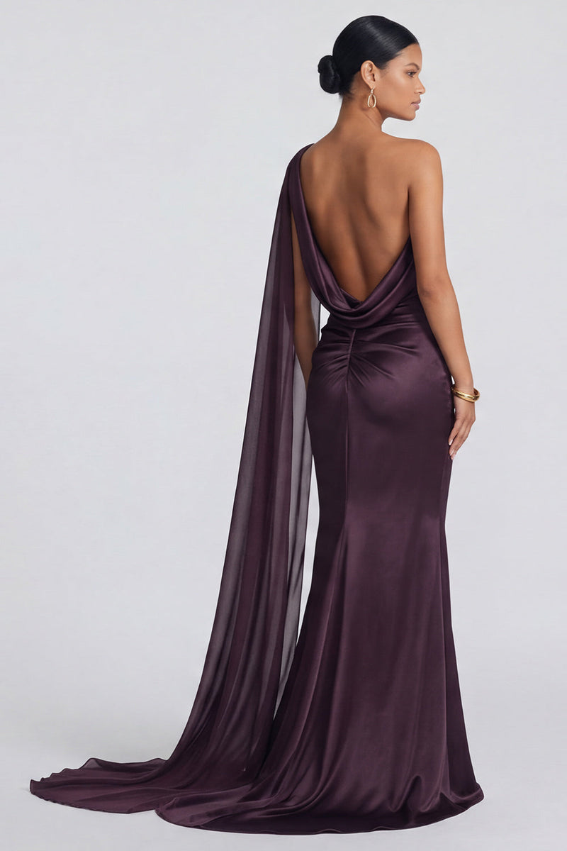 Laden Sie das Bild in den Galerie-Viewer, Einschulter-Cabernet-Meerjungfrauen-Festkleid ohne Schwarz mit Seitenspanen
