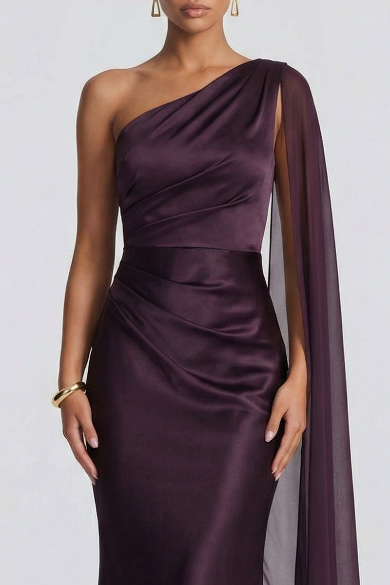 Laden Sie das Bild in den Galerie-Viewer, Einschulter-Cabernet-Meerjungfrauen-Festkleid ohne Schwarz mit Seitenspanen