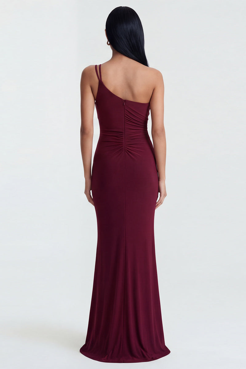 Laden Sie das Bild in den Galerie-Viewer, Einschulter-burgunderrotes, gerafftes Meerjungfrauen-Festkleid