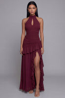 Laden Sie das Bild in den Galerie-Viewer, Halter-Burgunder-Cut-Out, rüschendes Festkleid mit Schlitz