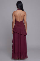 Laden Sie das Bild in den Galerie-Viewer, Halter-Burgunder-Cut-Out, rüschendes Festkleid mit Schlitz