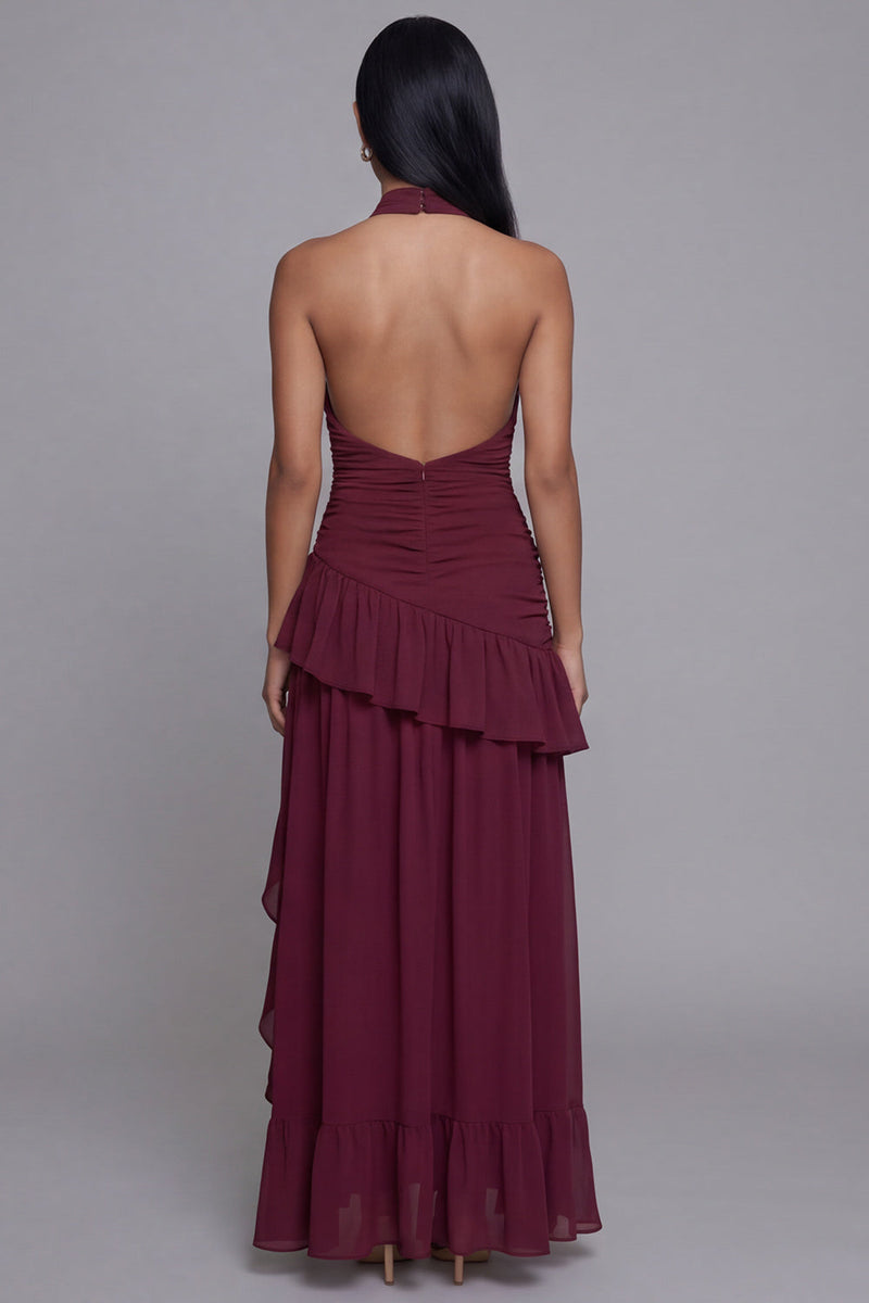 Laden Sie das Bild in den Galerie-Viewer, Halter-Burgunder-Cut-Out, rüschendes Festkleid mit Schlitz