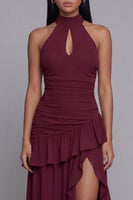 Laden Sie das Bild in den Galerie-Viewer, Halter-Burgunder-Cut-Out, rüschendes Festkleid mit Schlitz