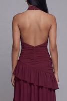 Laden Sie das Bild in den Galerie-Viewer, Halter-Burgunder-Cut-Out, rüschendes Festkleid mit Schlitz