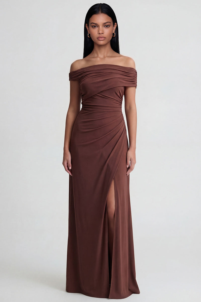 Laden Sie das Bild in den Galerie-Viewer, Schulterloses, braunes Meerjungfrauen, gerafftes langes Festkleid