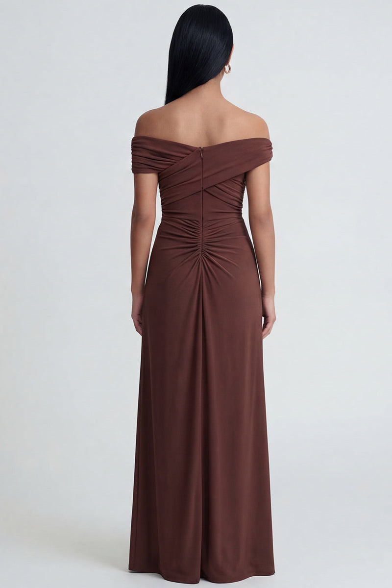 Laden Sie das Bild in den Galerie-Viewer, Schulterloses, braunes Meerjungfrauen, gerafftes langes Festkleid