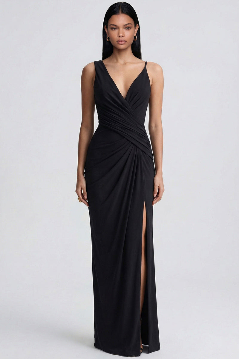 Laden Sie das Bild in den Galerie-Viewer, Schwarzes Festkleid mit V-Ausschnitt und Schlitz
