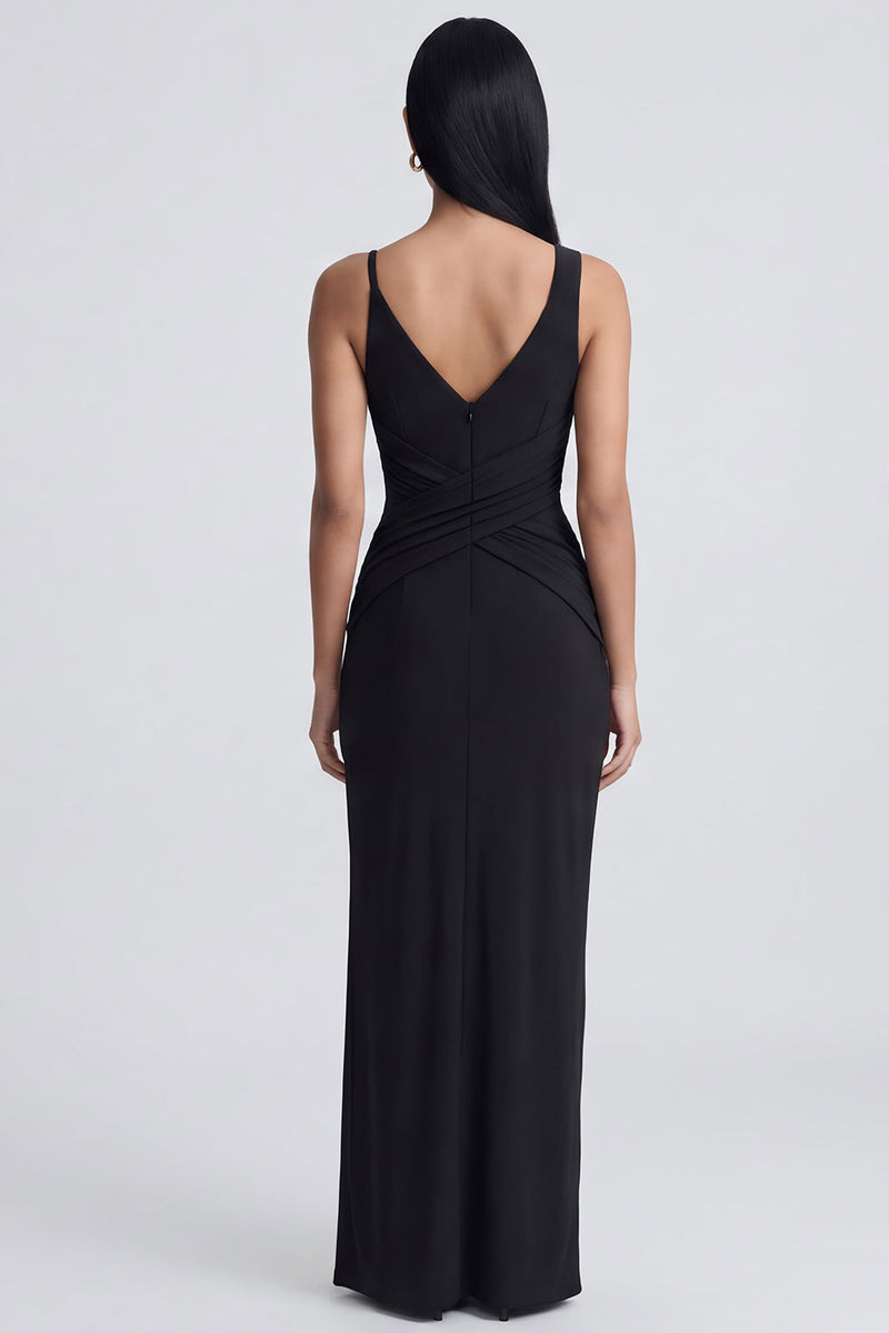 Laden Sie das Bild in den Galerie-Viewer, Schwarzes Festkleid mit V-Ausschnitt und Schlitz