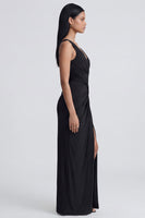 Laden Sie das Bild in den Galerie-Viewer, Schwarzes Festkleid mit V-Ausschnitt und Schlitz