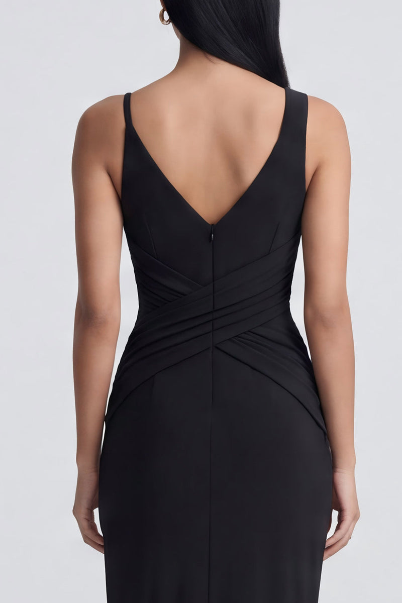 Laden Sie das Bild in den Galerie-Viewer, Schwarzes Festkleid mit V-Ausschnitt und Schlitz