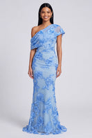 Laden Sie das Bild in den Galerie-Viewer, Gelbes Meerjungfrauen-Formelkleid mit asymmetrischem Hals und floraler Stickerei