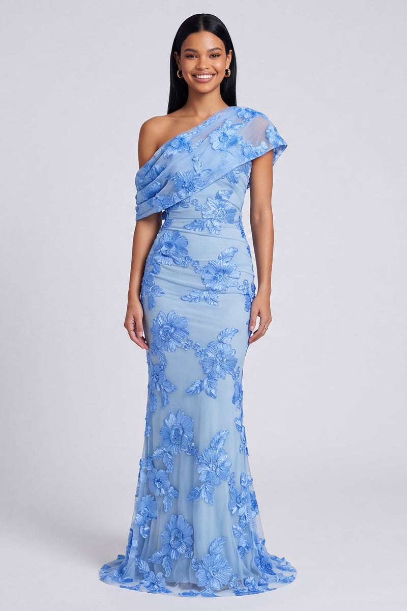 Laden Sie das Bild in den Galerie-Viewer, Gelbes Meerjungfrauen-Formelkleid mit asymmetrischem Hals und floraler Stickerei