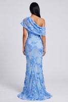 Laden Sie das Bild in den Galerie-Viewer, Gelbes Meerjungfrauen-Formelkleid mit asymmetrischem Hals und floraler Stickerei