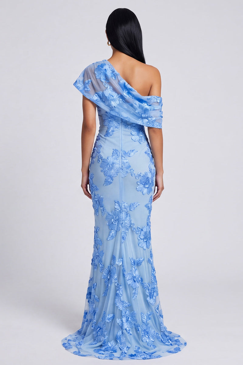 Laden Sie das Bild in den Galerie-Viewer, Gelbes Meerjungfrauen-Formelkleid mit asymmetrischem Hals und floraler Stickerei