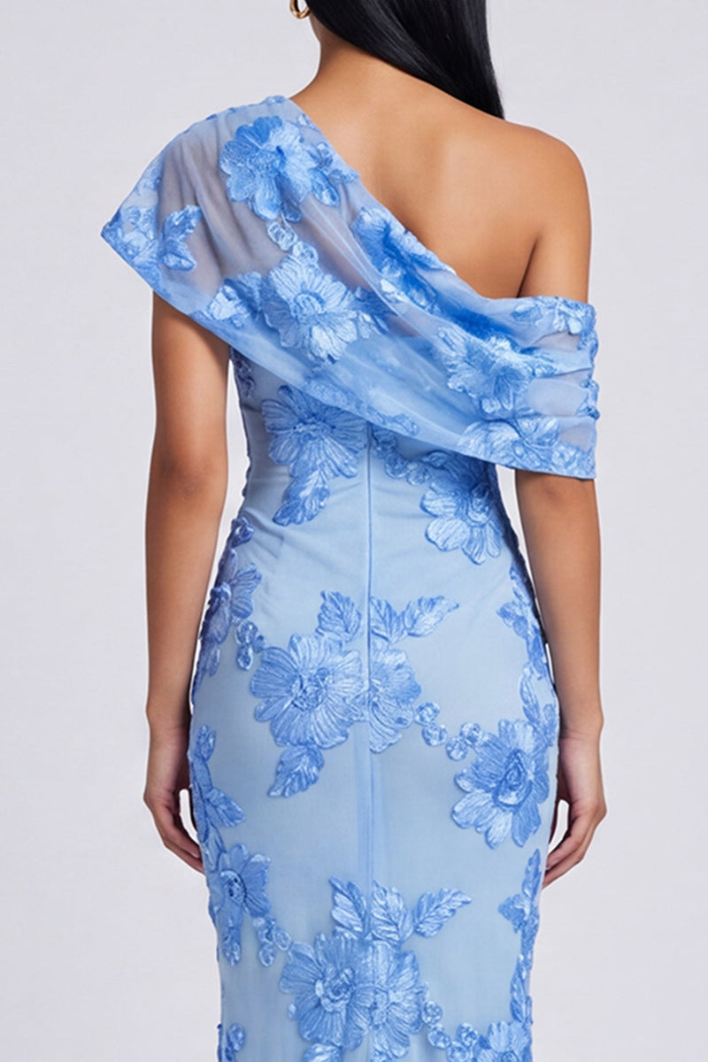 Laden Sie das Bild in den Galerie-Viewer, Gelbes Meerjungfrauen-Formelkleid mit asymmetrischem Hals und floraler Stickerei