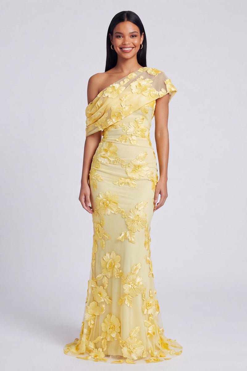 Laden Sie das Bild in den Galerie-Viewer, Gelbes Meerjungfrauen-Formelkleid mit asymmetrischem Hals und floraler Stickerei