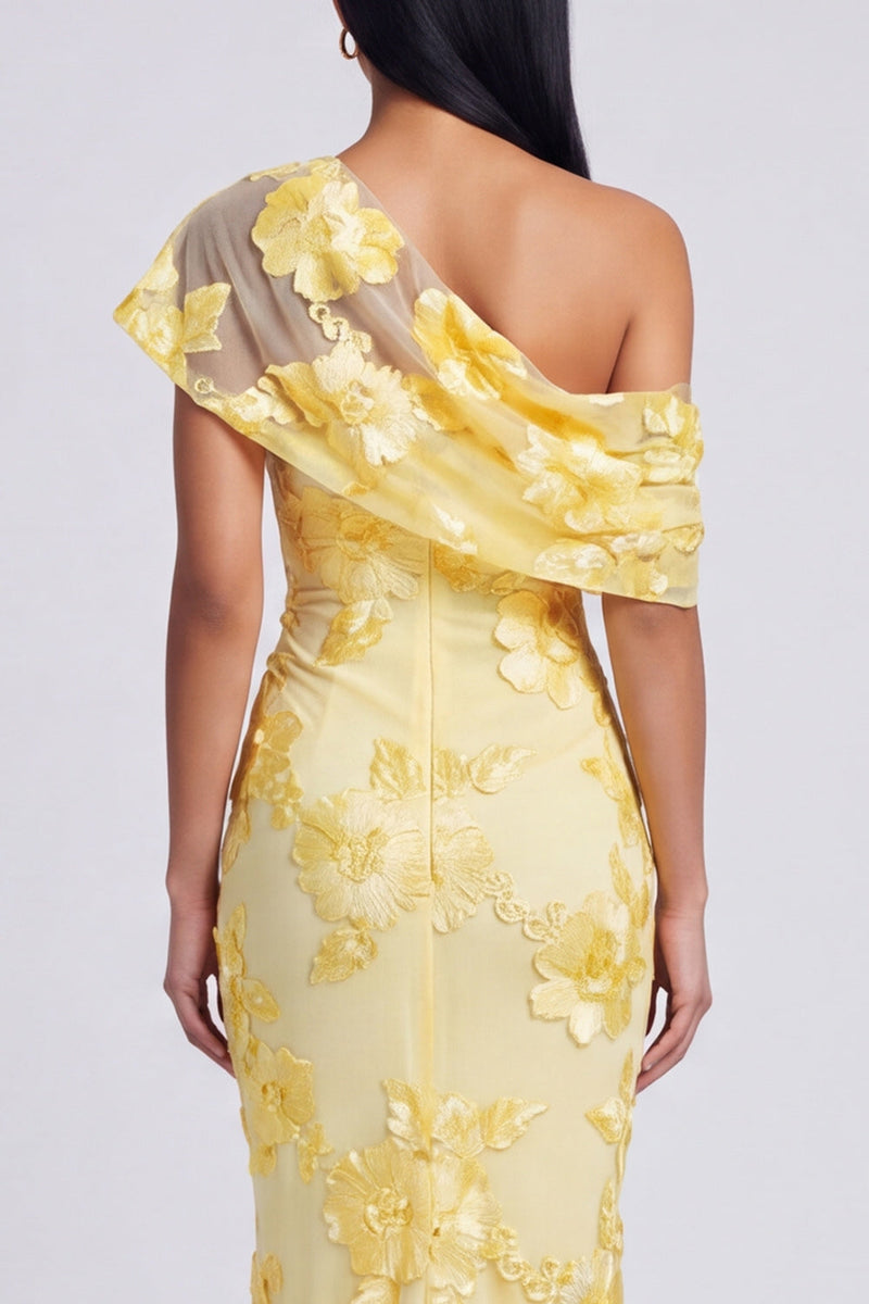 Laden Sie das Bild in den Galerie-Viewer, Gelbes Meerjungfrauen-Formelkleid mit asymmetrischem Hals und floraler Stickerei