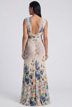 Elfenbein-Scheide, gerafftes langes Blumenkleid mit Schlitz