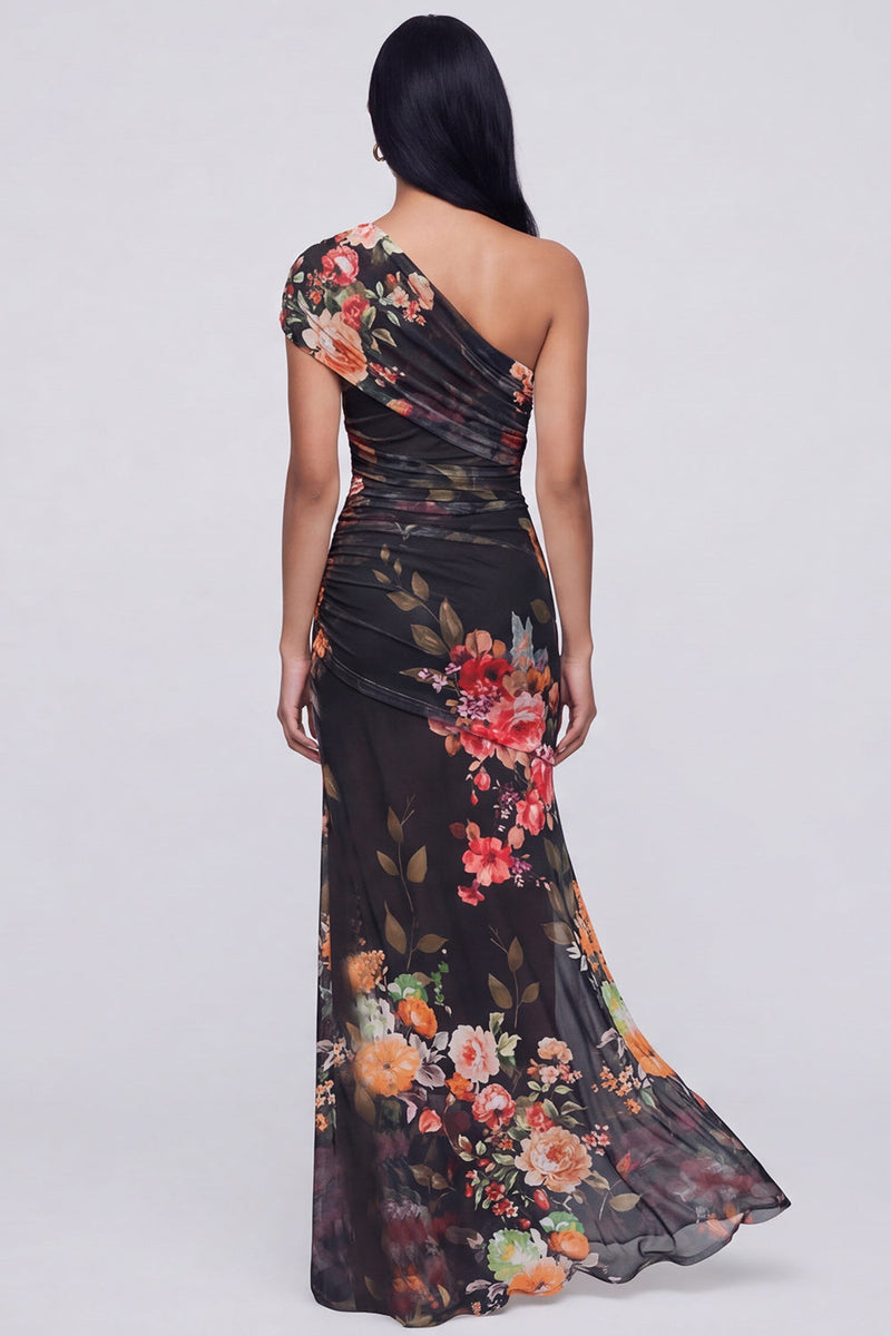 Laden Sie das Bild in den Galerie-Viewer, Einschulterlanges Champagner-Langblumiges Kleid mit Schlitz