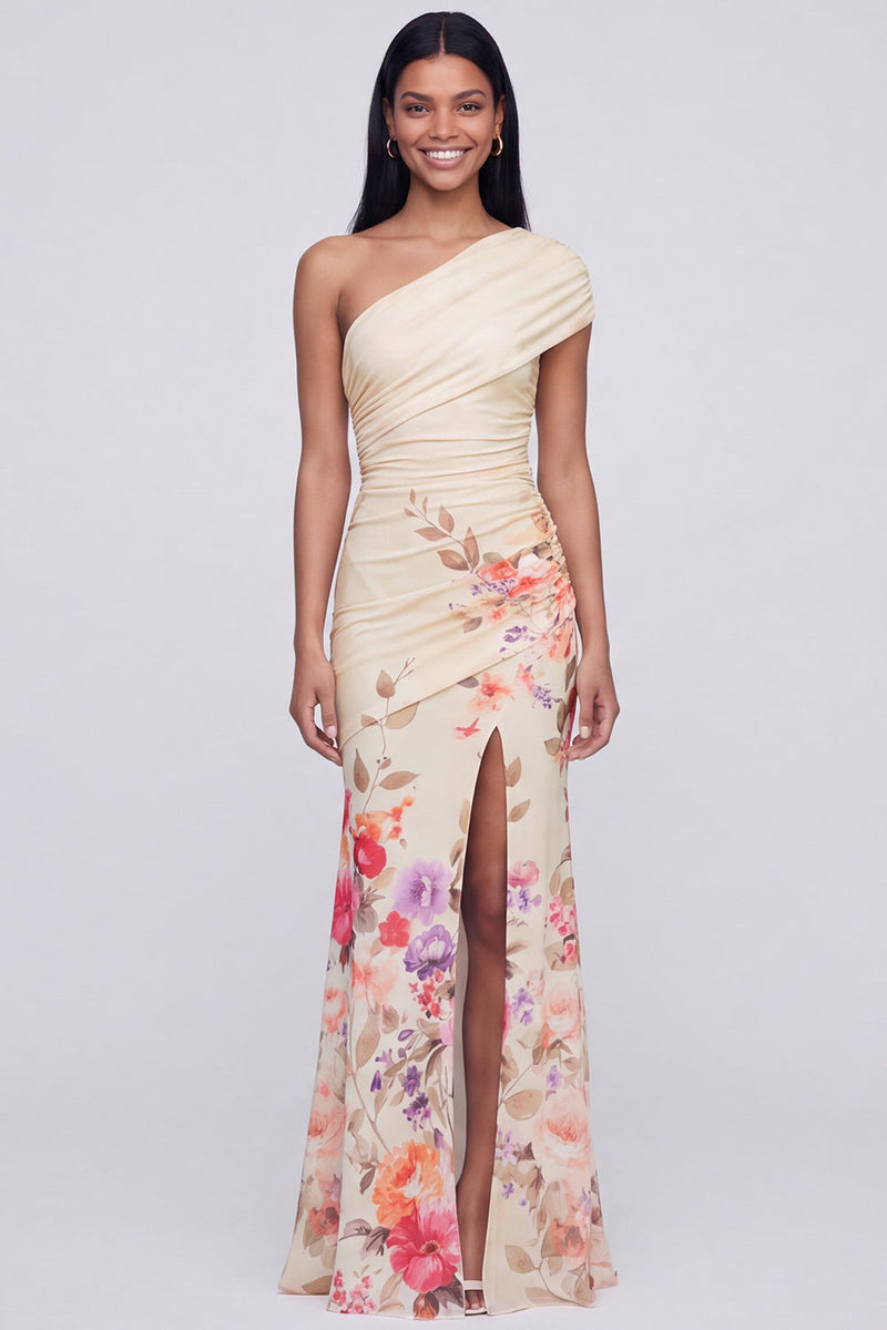 Laden Sie das Bild in den Galerie-Viewer, Einschulterlanges Champagner-Langblumiges Kleid mit Schlitz