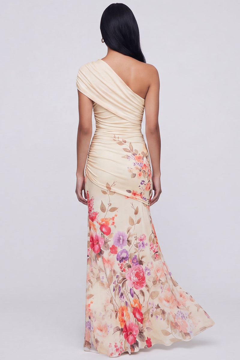 Laden Sie das Bild in den Galerie-Viewer, Einschulterlanges Champagner-Langblumiges Kleid mit Schlitz