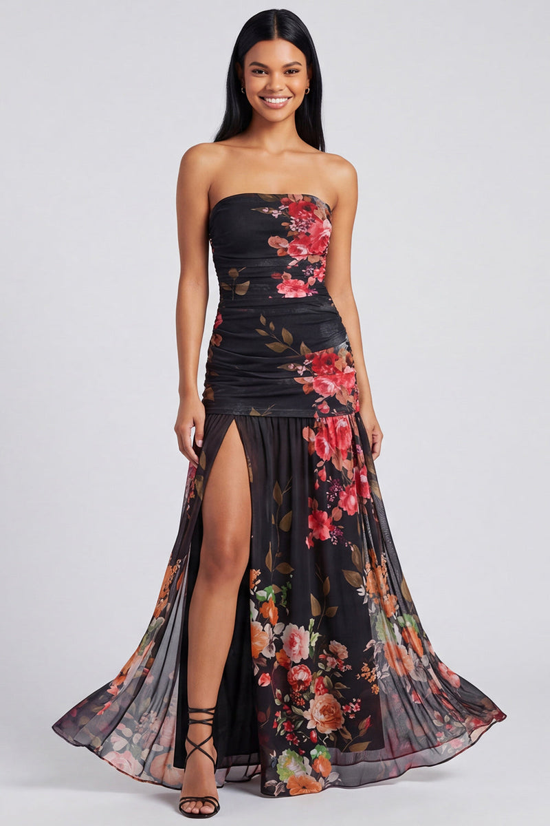 Laden Sie das Bild in den Galerie-Viewer, Elfenbeinfarbenes, trägerloses, gerafftes Blumenkleid mit Schlitz