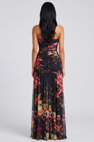 Laden Sie das Bild in den Galerie-Viewer, Elfenbeinfarbenes, trägerloses, gerafftes Blumenkleid mit Schlitz